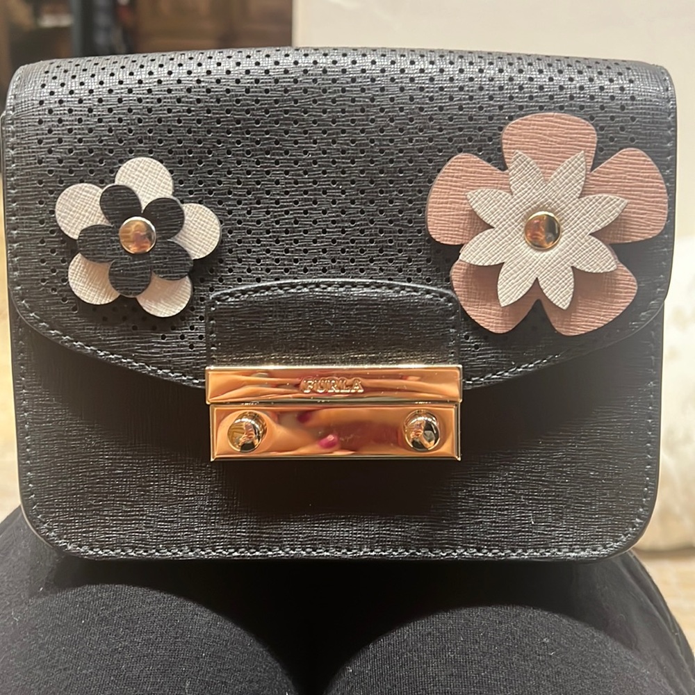 Furla mini leather crossbody- Black with flowers